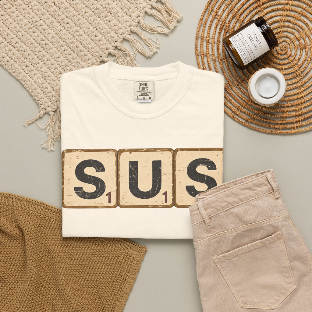 SUS Scrabble Tiles T-shirt in Ivory, flat lay view