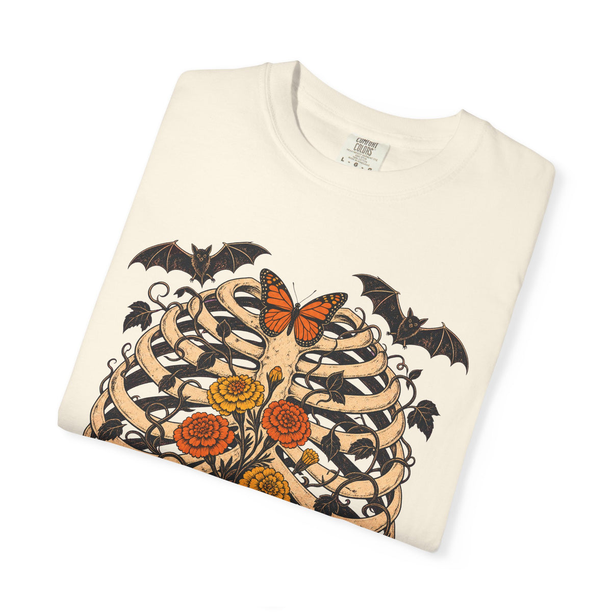 Vine Skeleton Ribcage T-shirt in Ivory, folded view