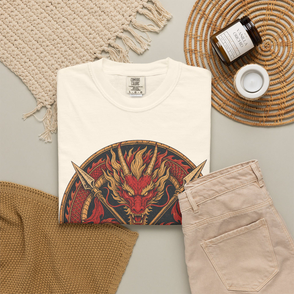 Ancient Fire Dragon T-shirt in Ivory, flat lay view