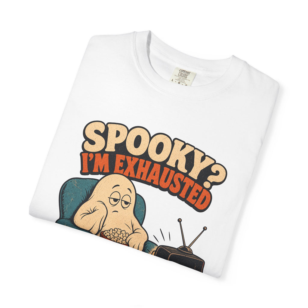 Spooky I'm Exhausted Ghost T-shirt in White, folded view