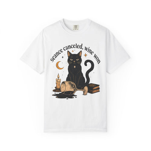 Seance Canceled Wine Won Black Cat T-shirt in White, front view