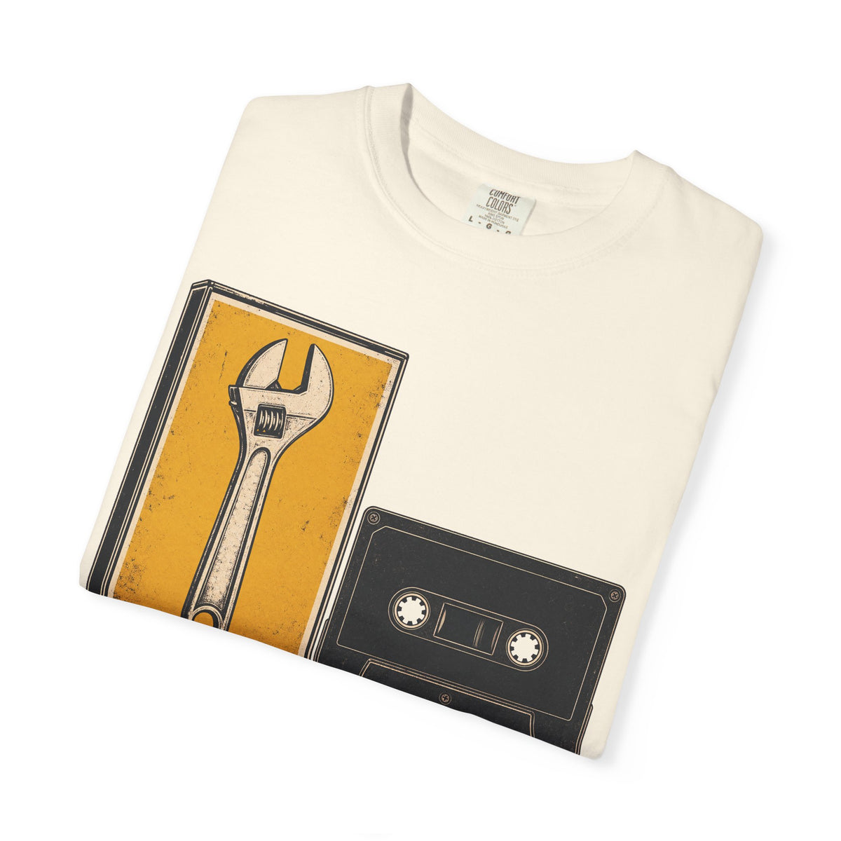 Wrench Pun Cassette Tape T-shirt in Ivory, folded view