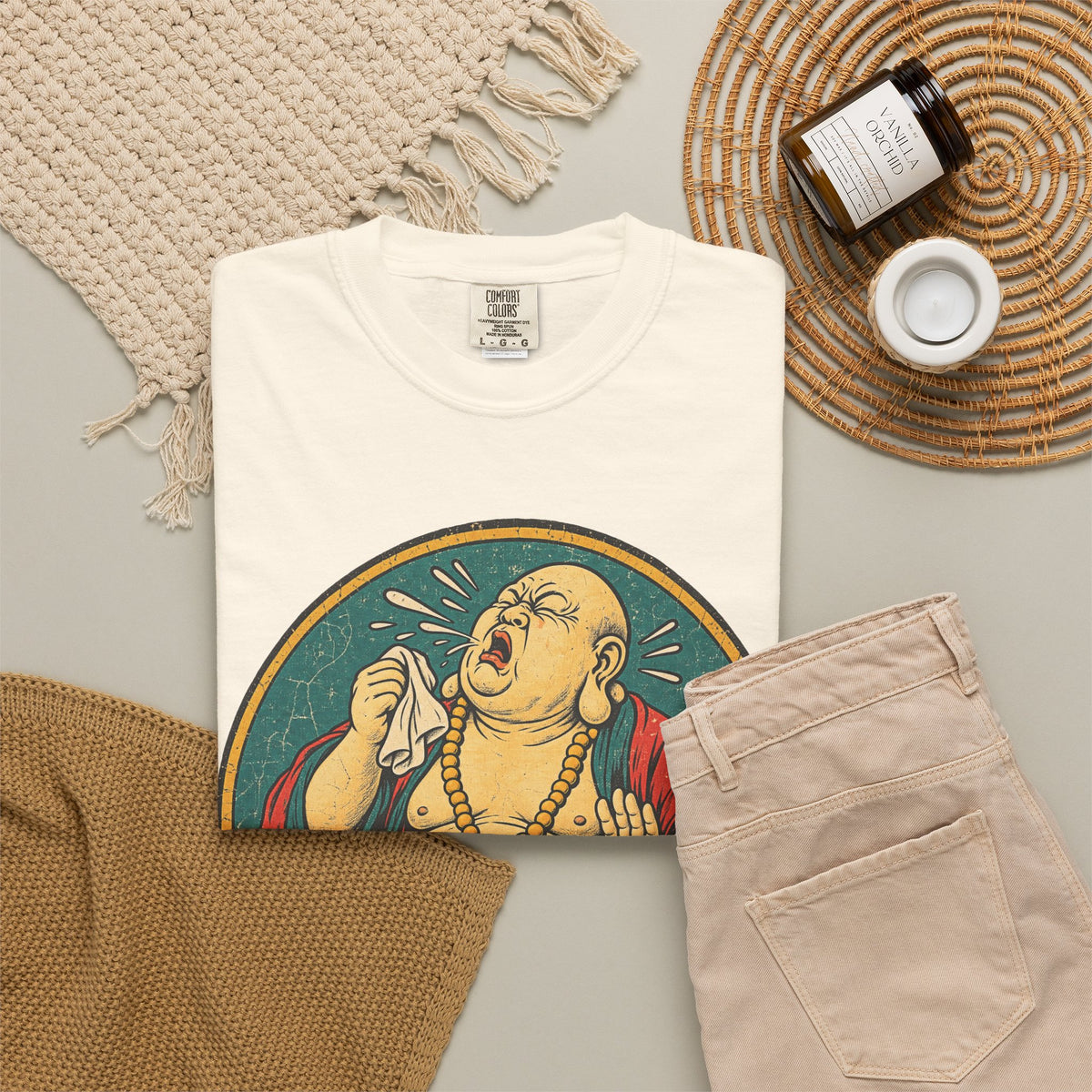 Sneezing Buddha T-shirt in Ivory, flat lay view