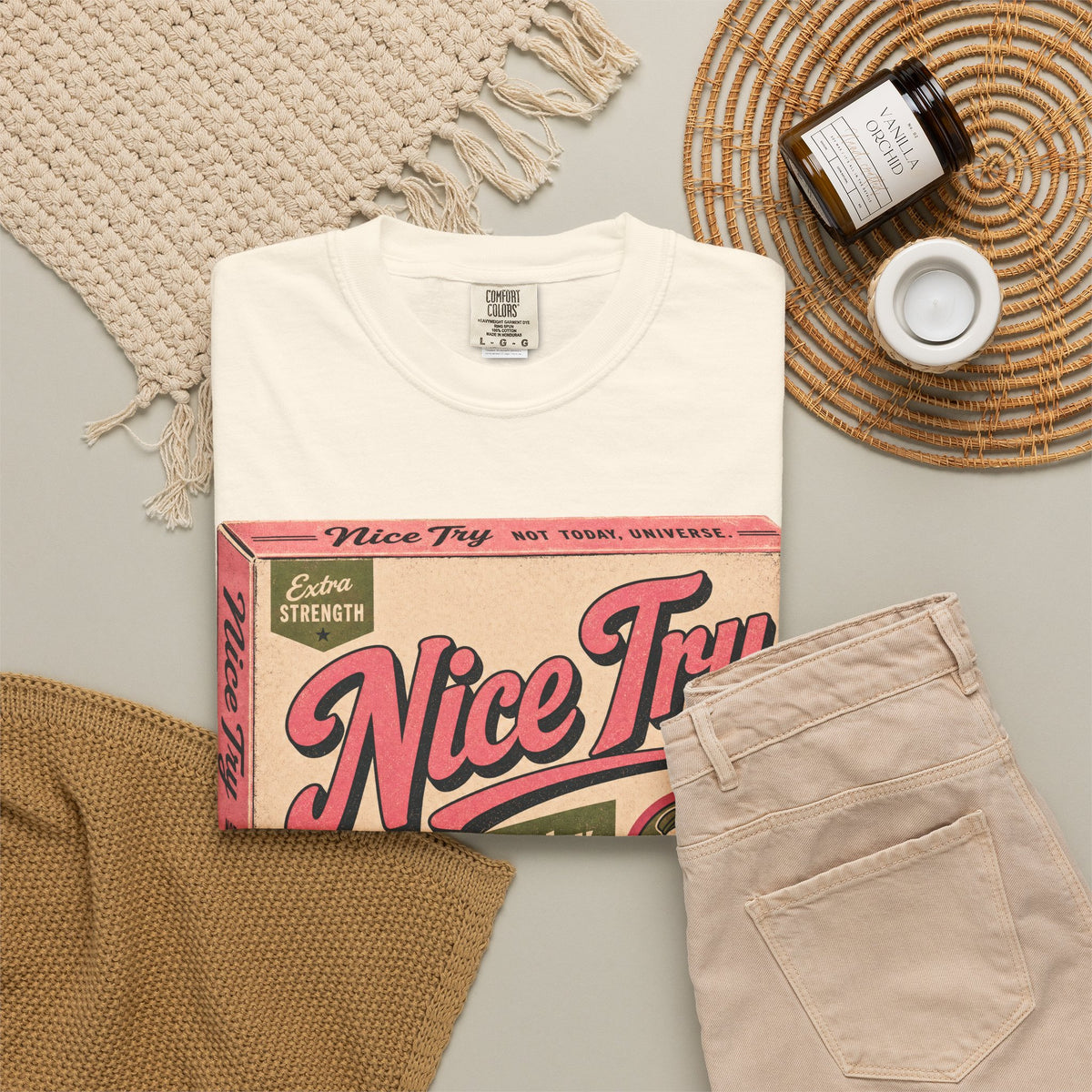 Nice Try Pill Box T-shirt in Ivory, flat lay view