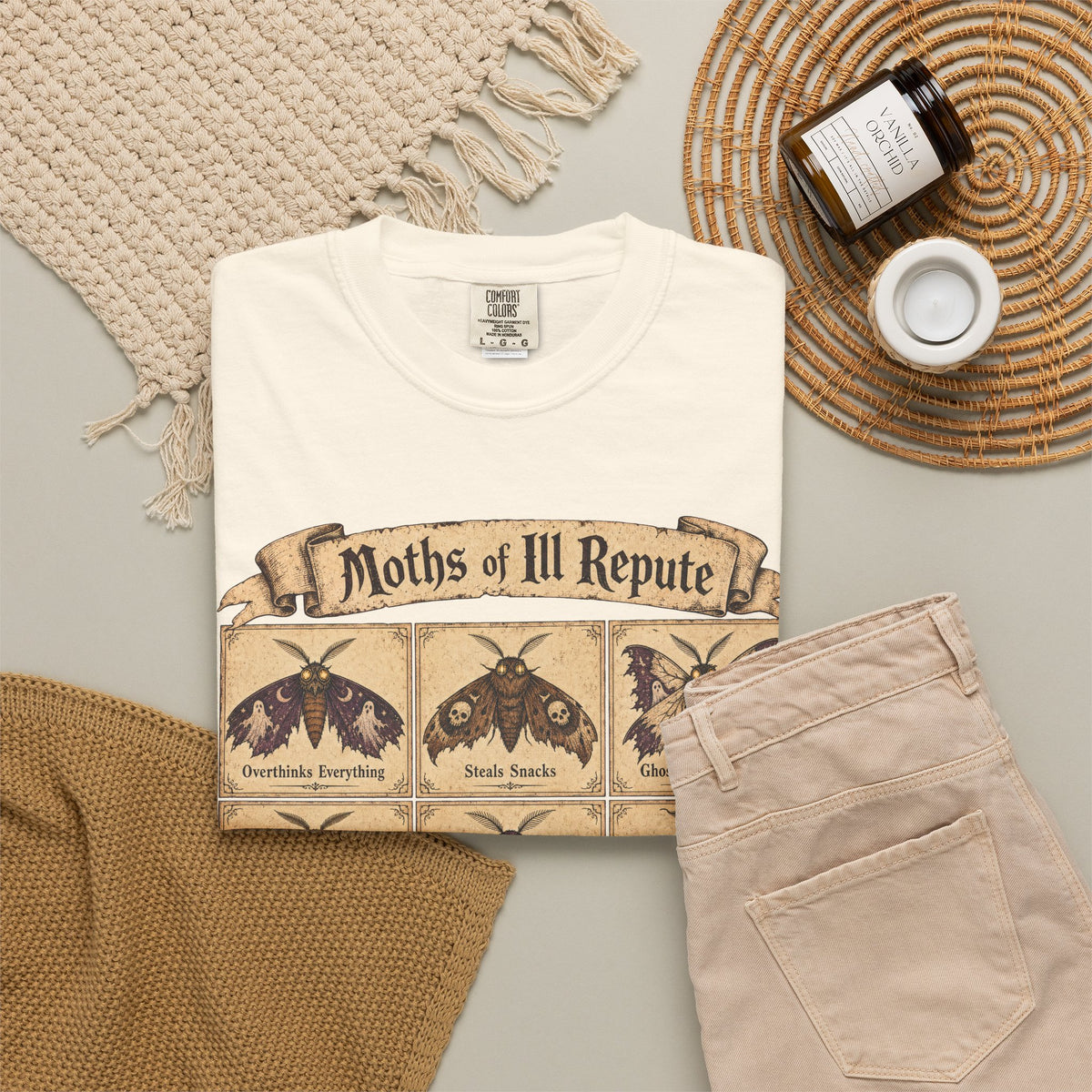 Moths of Ill Repute T-shirt in Ivory, flat lay view