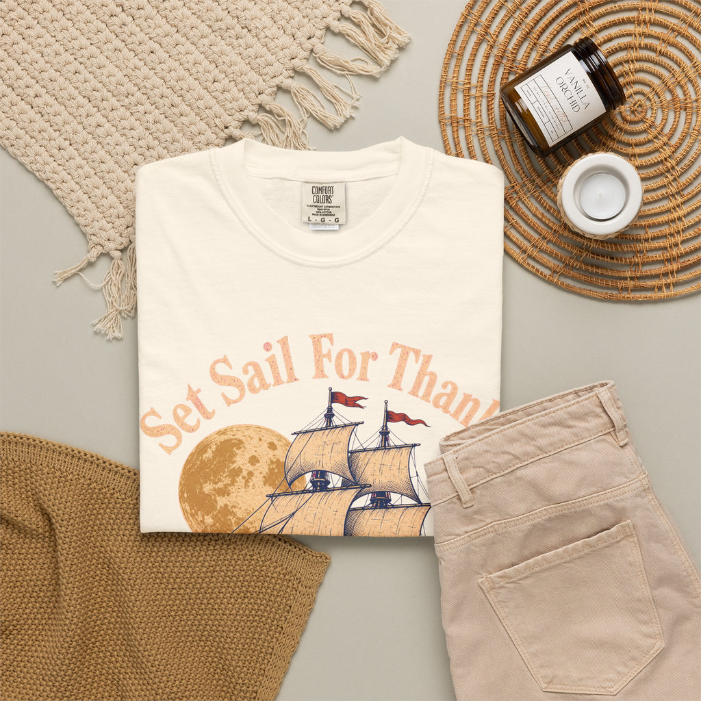 Set Sail For Thanks T-shirt in Ivory, flat lay view