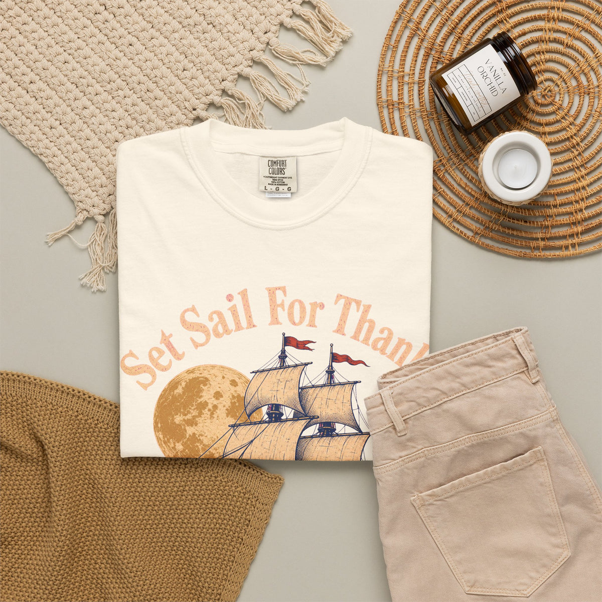 Set Sail For Thanks T-shirt in Ivory, flat lay view