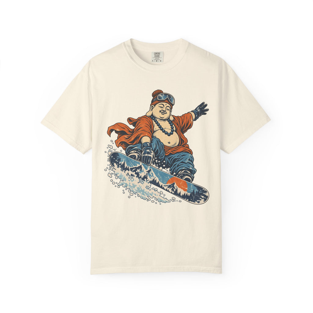 Snowboarding Buddha T-shirt in Ivory, front view