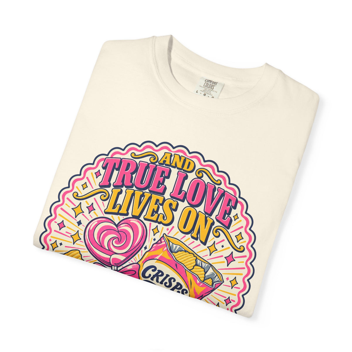 True Love Lives On Lollipops And Crisps T-shirt in Ivory, folded view