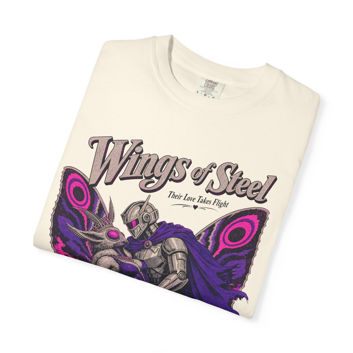 Wings of Steel Romance Novel Parody T-shirt in Ivory, folded view
