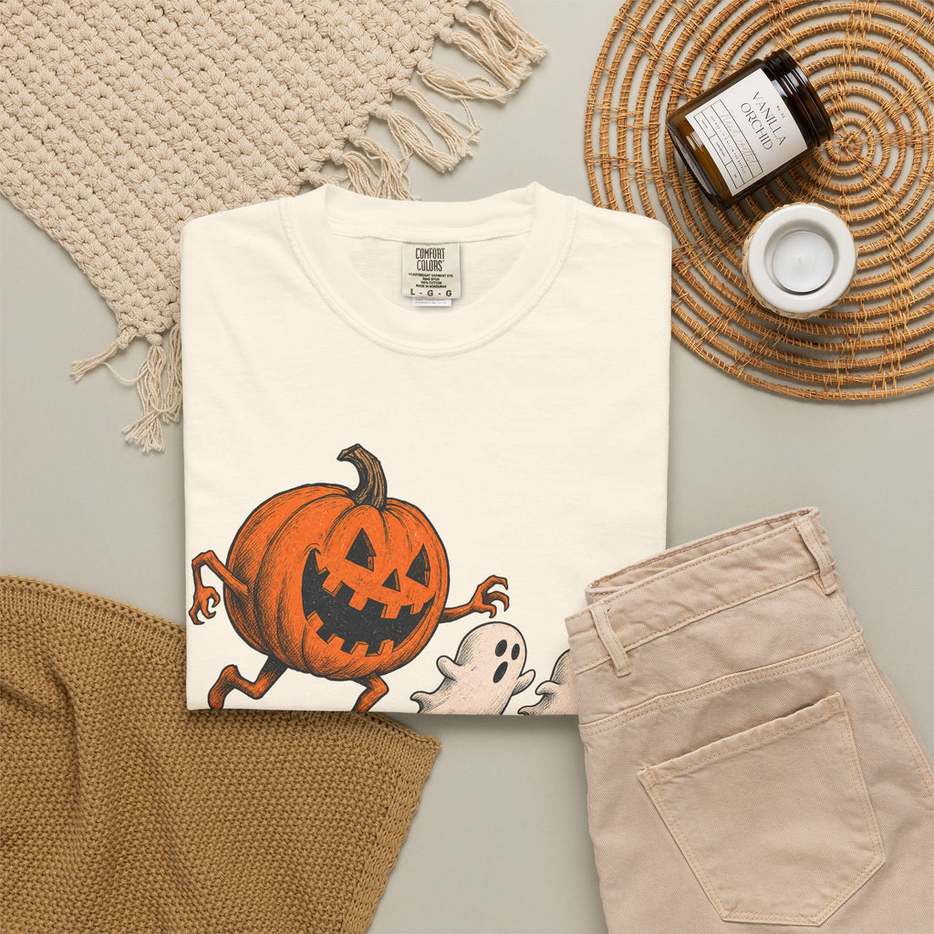Jack-O-Lantern Chasing Ghosts T-shirt in Ivory, flat lay view