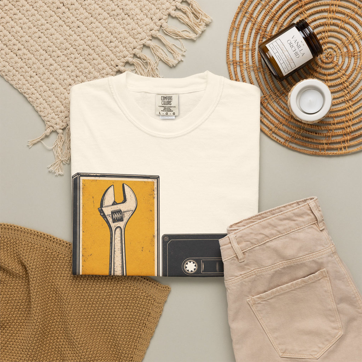 Wrench Pun Cassette Tape T-shirt in Ivory, flat lay view