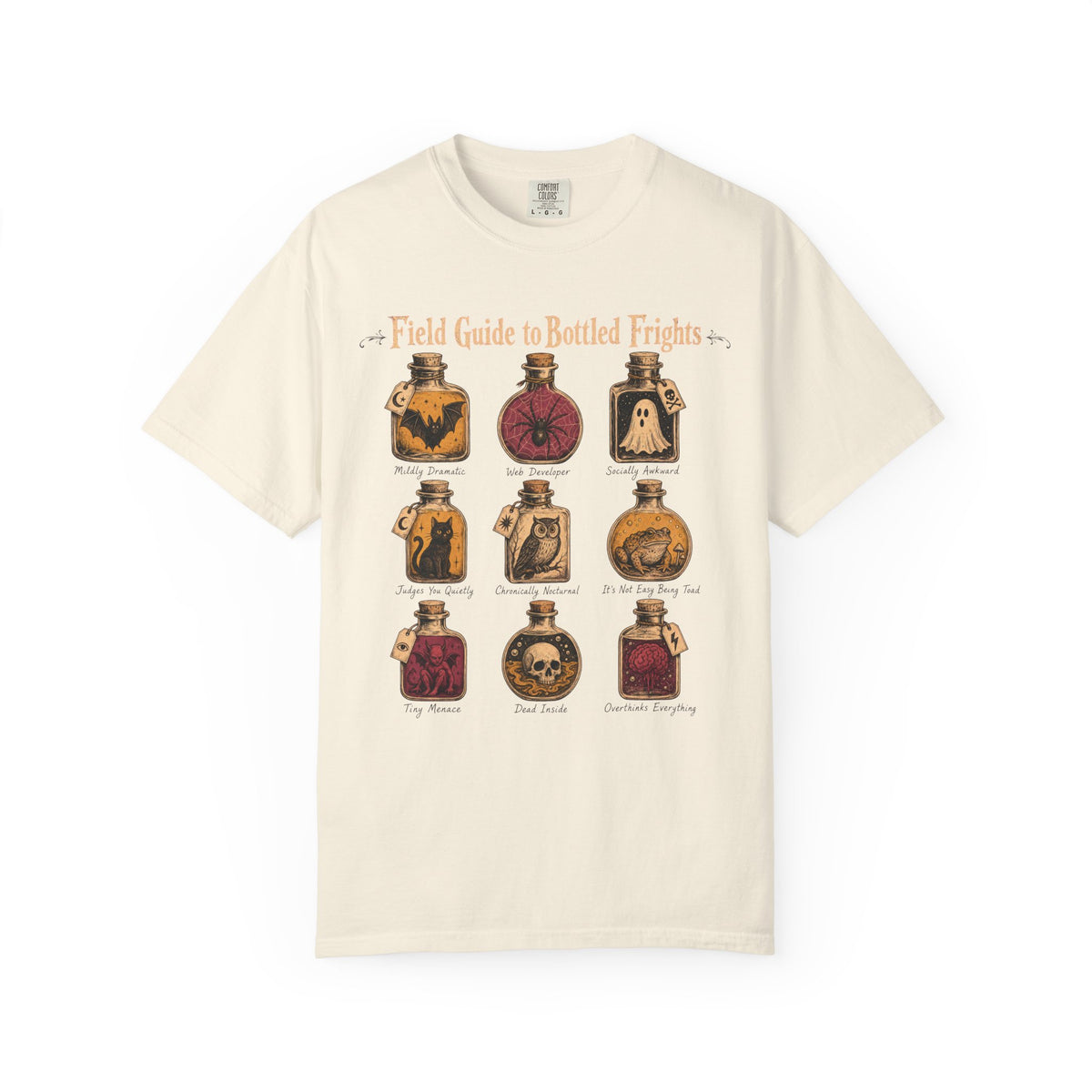Field Guide to Bottled Frights T-shirt in Ivory, front view