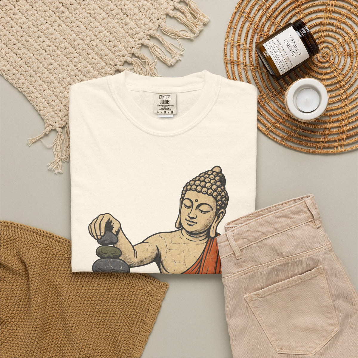 Buddha Cairn T-shirt in Ivory, flat lay view