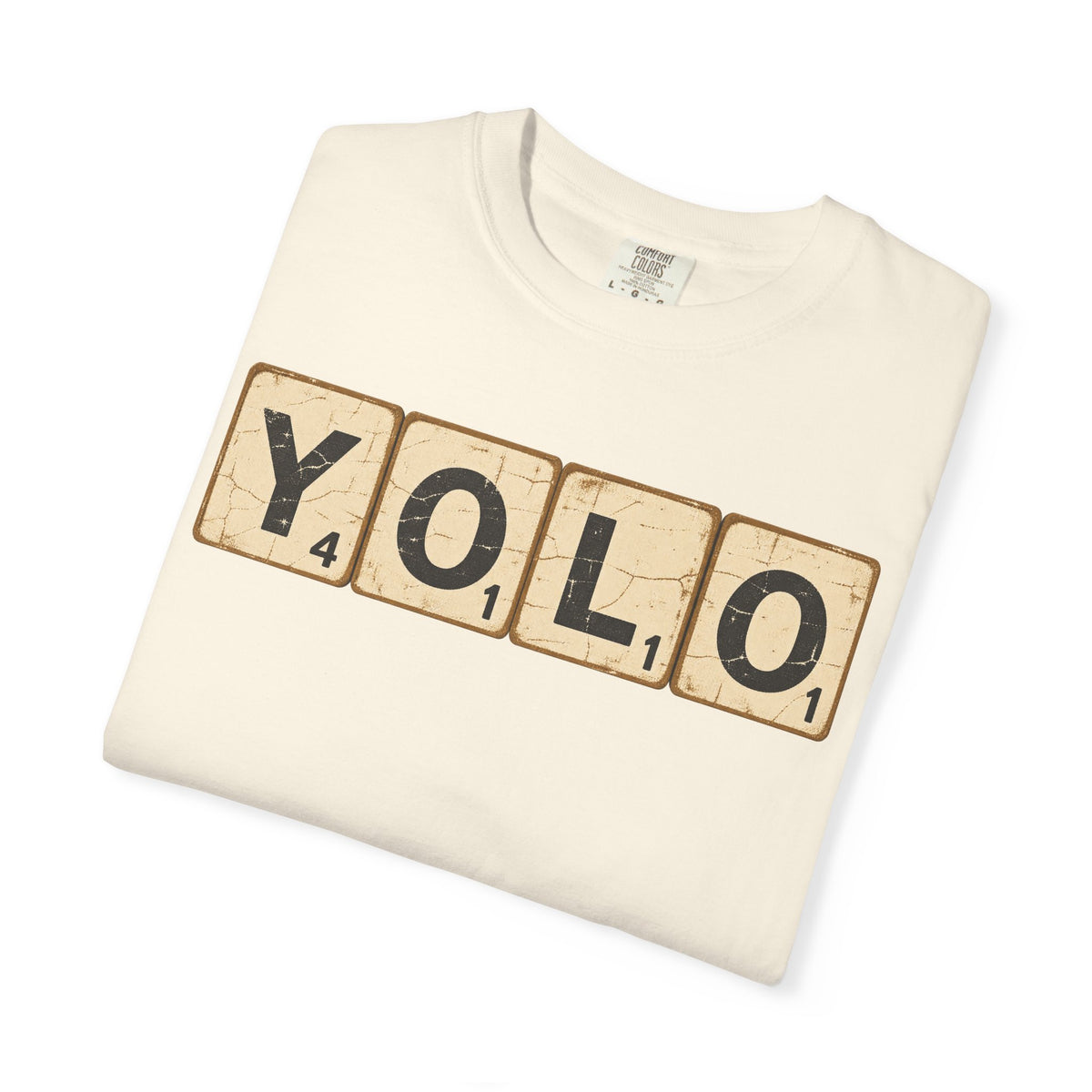 YOLO Scrabble Tiles T-shirt in Ivory, folded view