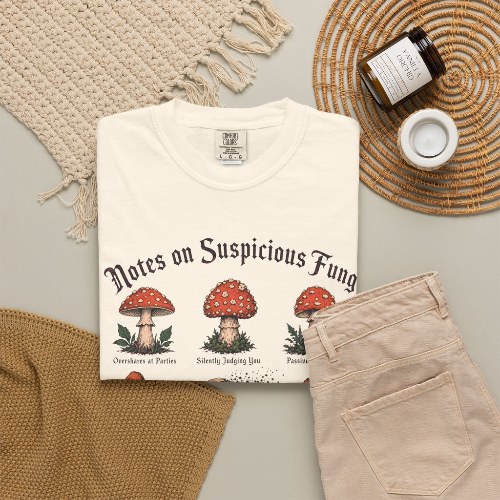 Notes on Suspicious Fungi T-shirt in Ivory, flat lay view