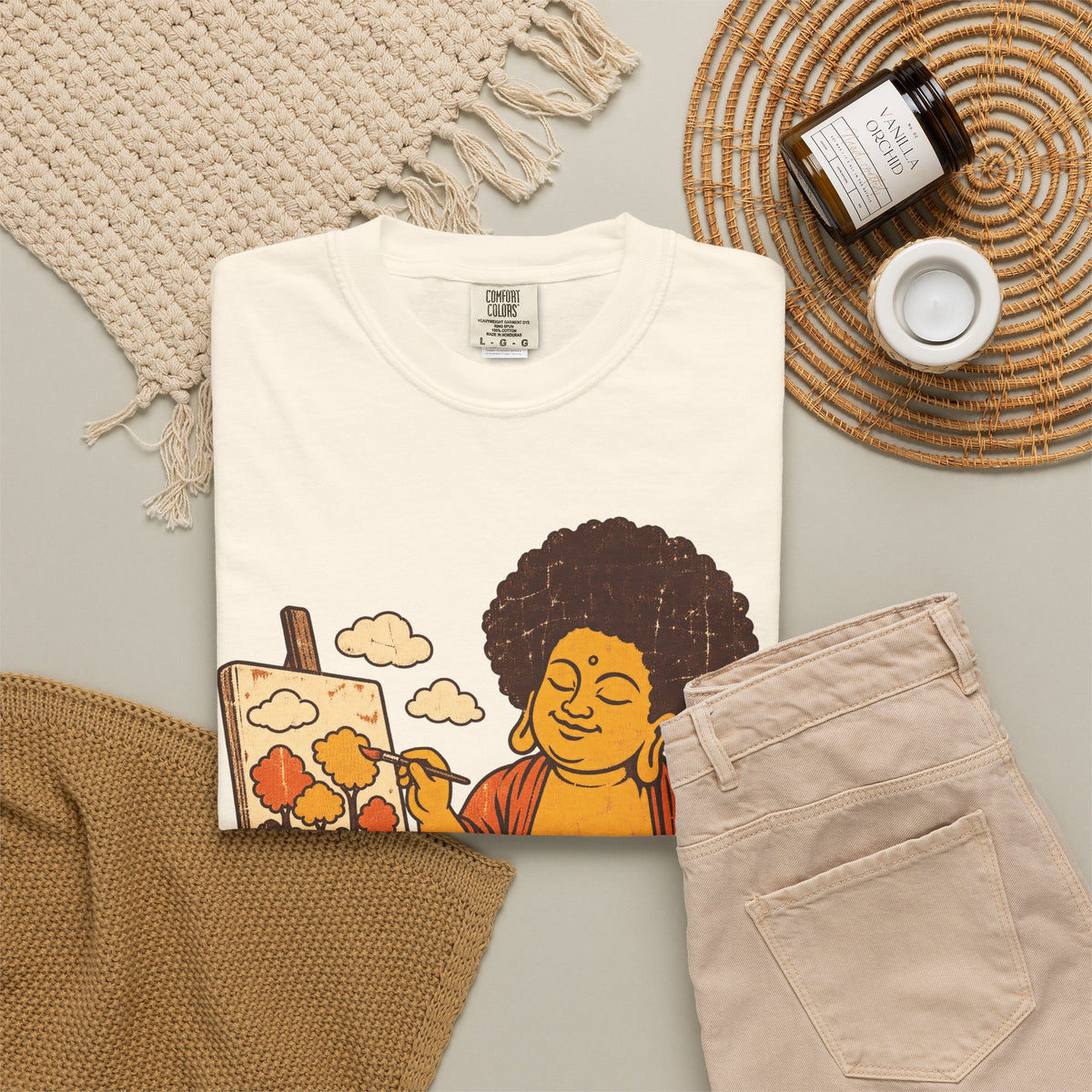 Painting Buddha T-shirt in Ivory, flat lay view
