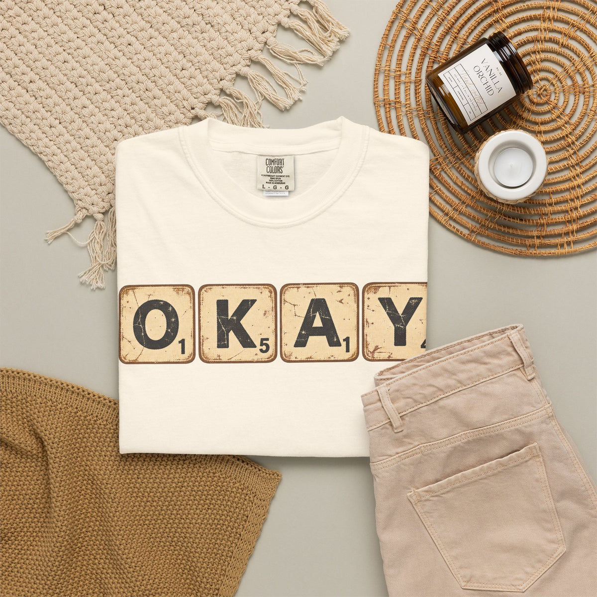 Okay Scrabble Tiles T-shirt in Ivory, flat lay view