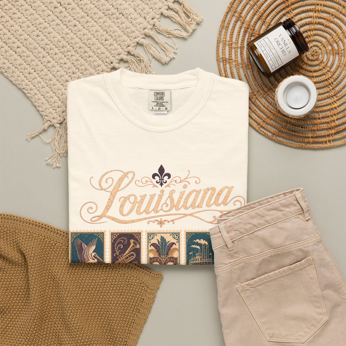 Louisiana Postage Stamp T-shirt in Ivory, flat lay view