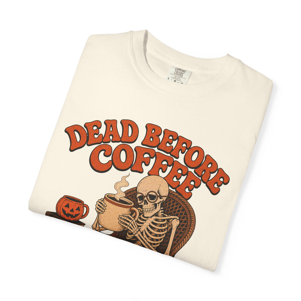 Dead Before Coffee Skeleton T-shirt in Ivory, folded view