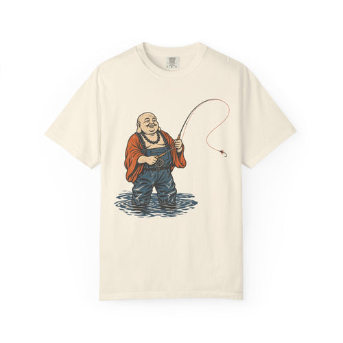 Buddha Fly Fishing T-shirt in Ivory, front view