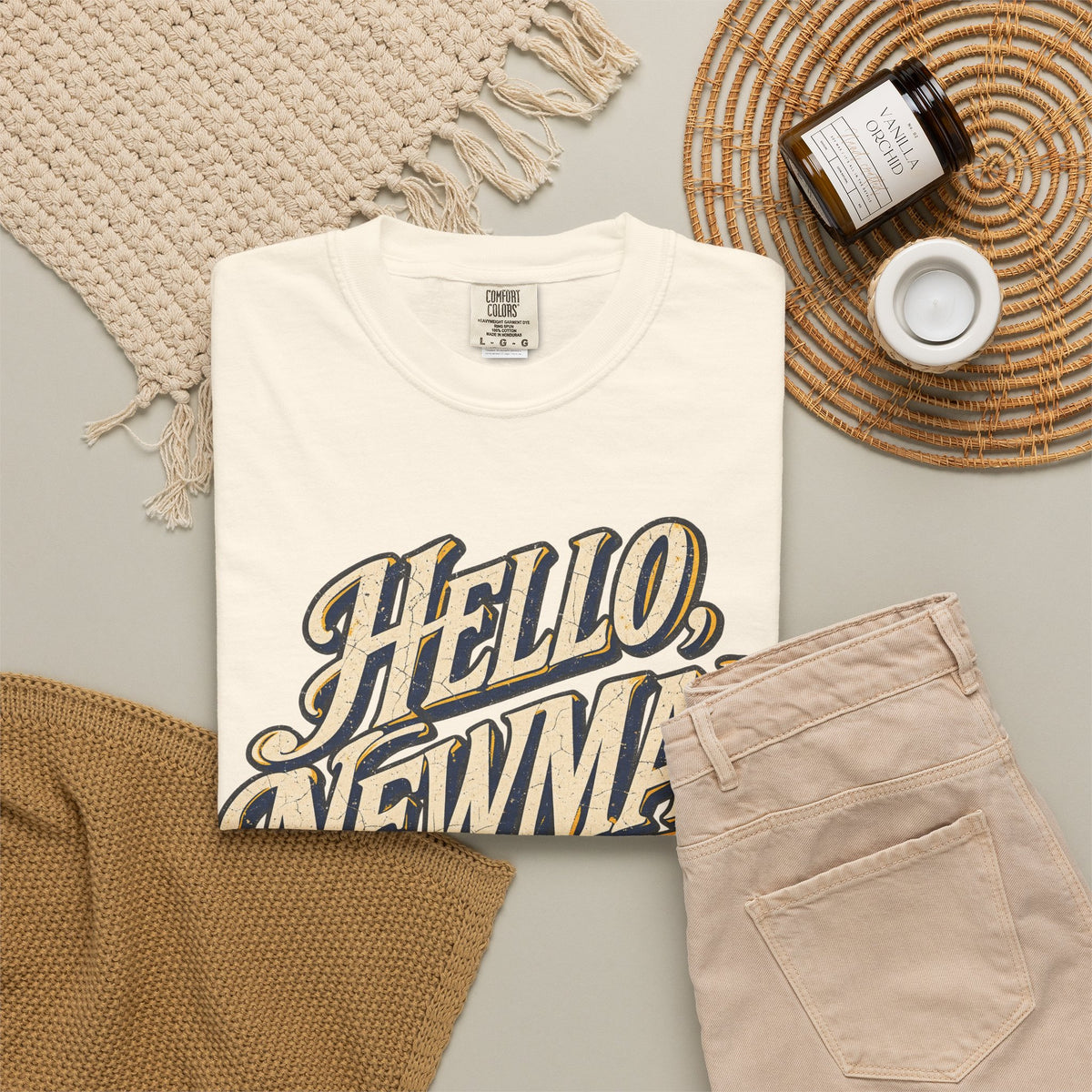 Hello Newman T-shirt in Ivory, flat lay view