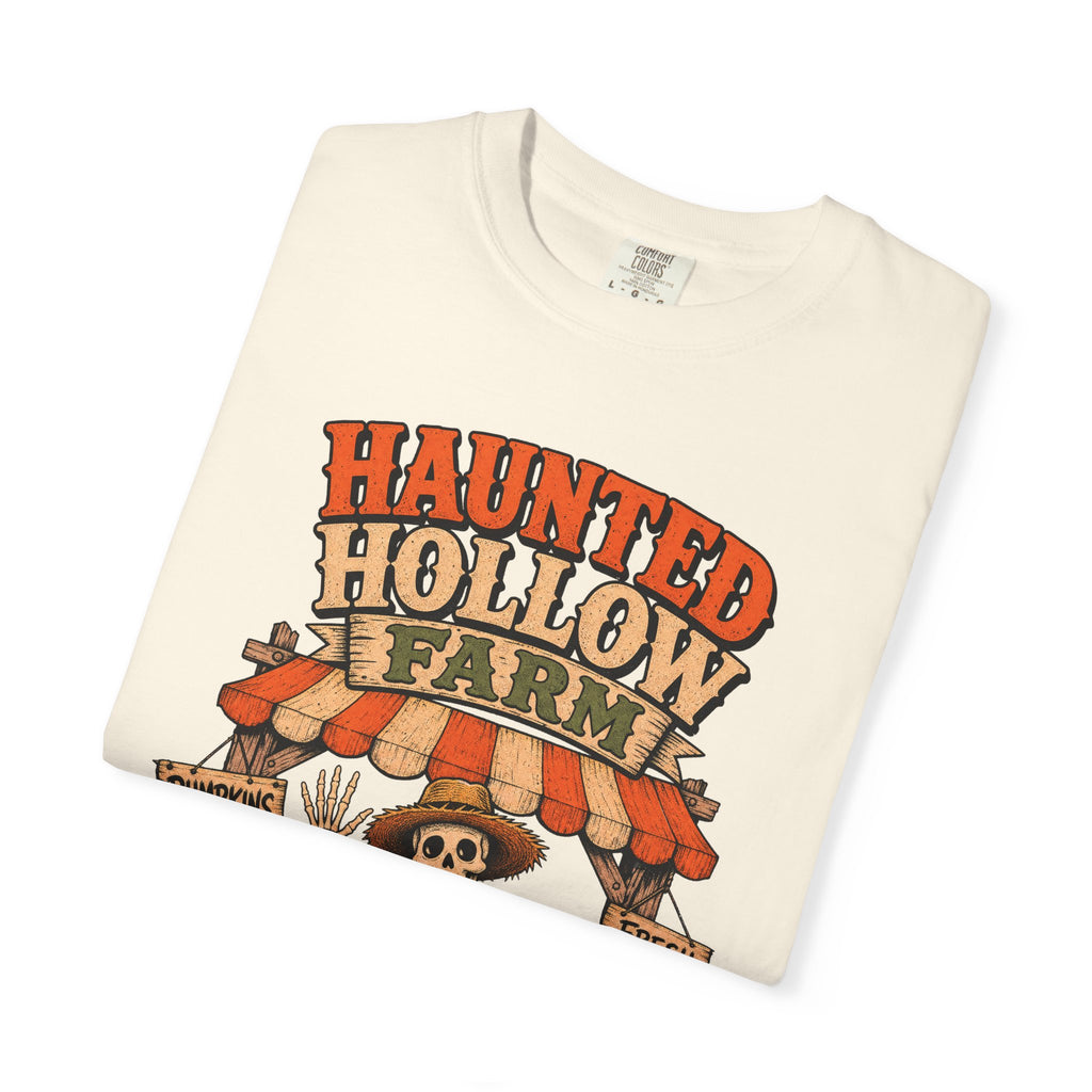 Skeleton Pumpkin Farmstand T-shirt in Ivory, folded view
