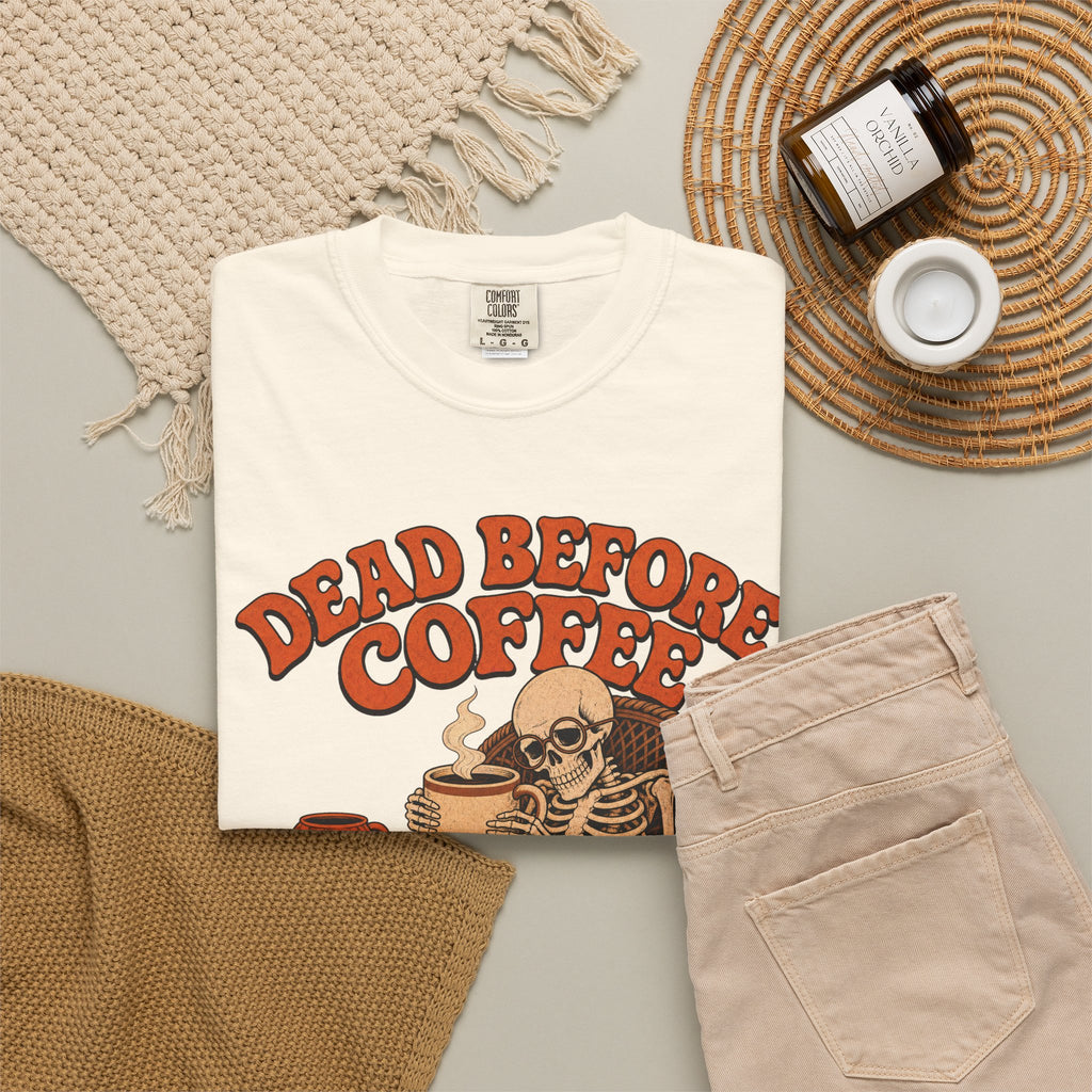 Dead Before Coffee Skeleton T-shirt in Ivory, flat lay view