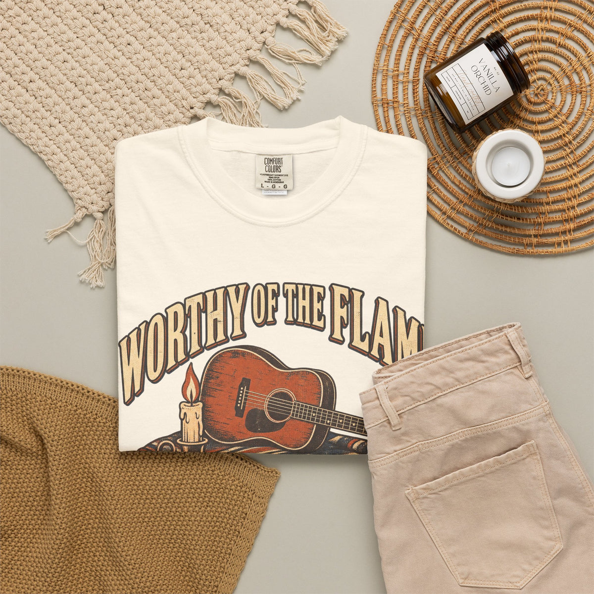 Worthy of the Flame T-shirt in Ivory, flat lay view