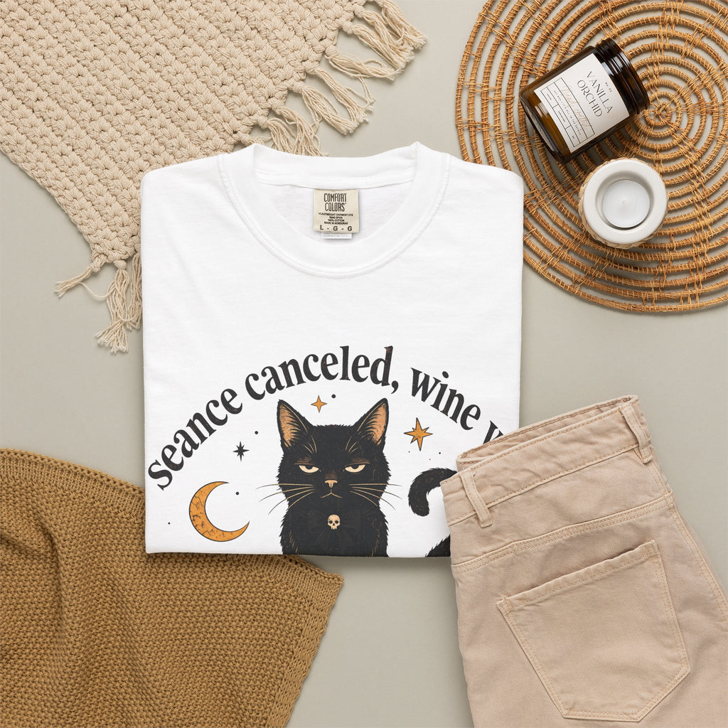 Seance Canceled Wine Won Black Cat T-shirt in White, flat lay view