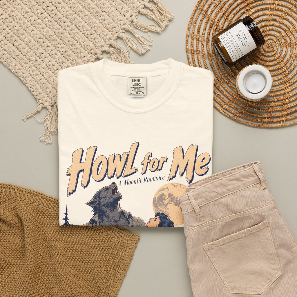Howl for Me Wolfman Romance Novel T-shirt in Ivory, flat lay view