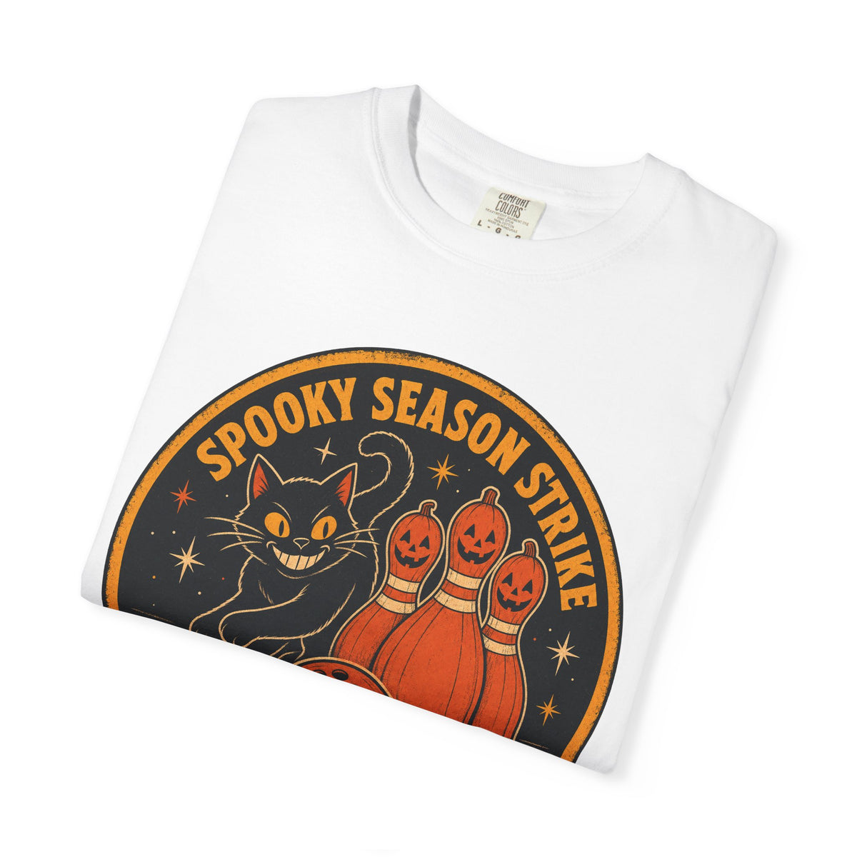 Spooky Season Strike Black Cat T-shirt in White, folded view
