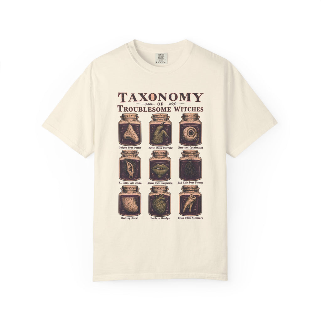 Taxonomy of Troublesome Witches T-shirt in Ivory, front view