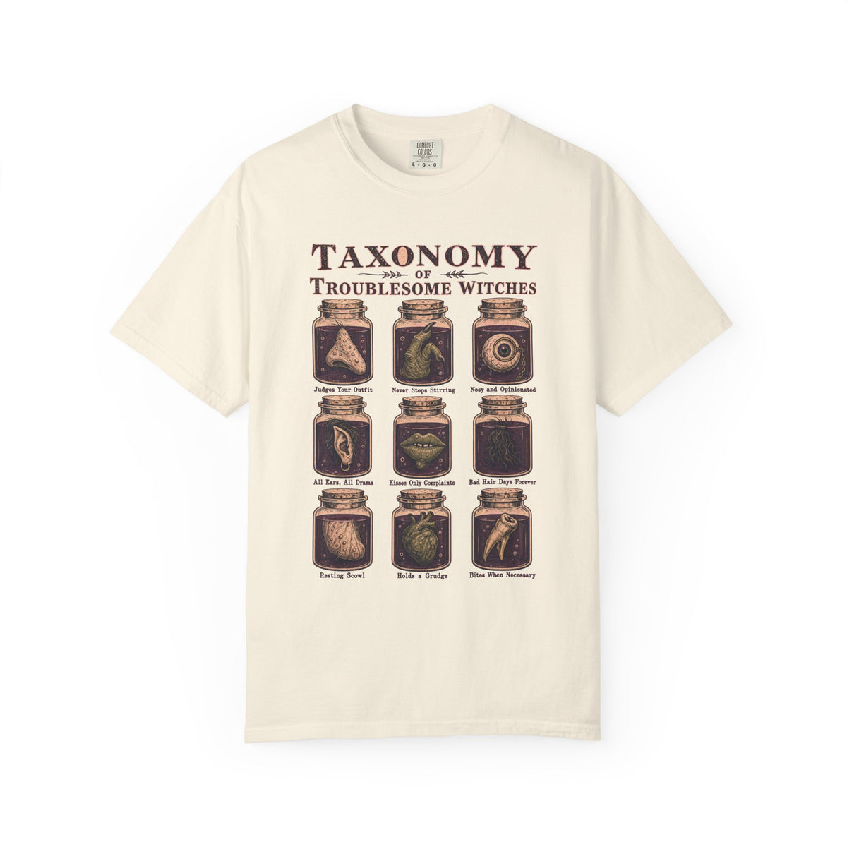 Taxonomy of Troublesome Witches T-shirt in Ivory, front view