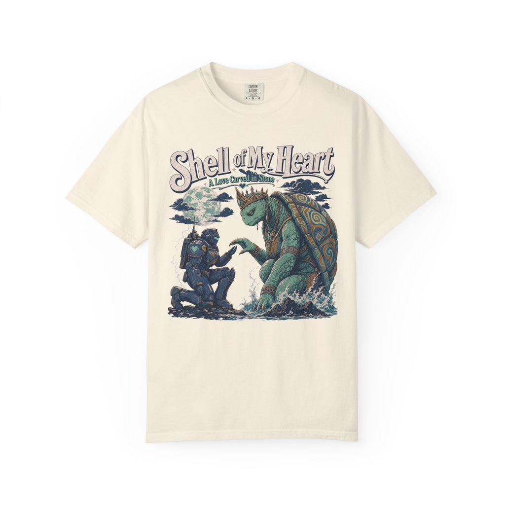 Shell of My Heart Kaiju Romance Novel T-shirt in Ivory, front view