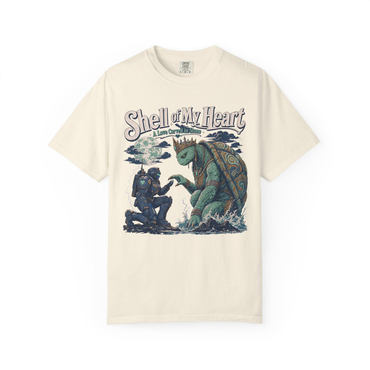 Shell of My Heart Kaiju Romance Novel T-shirt in Ivory, front view