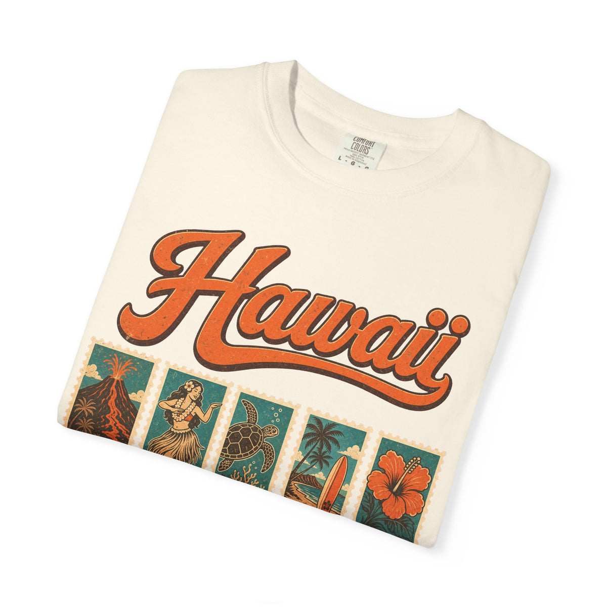Hawaii Postage Stamp T-shirt in Ivory, folded view