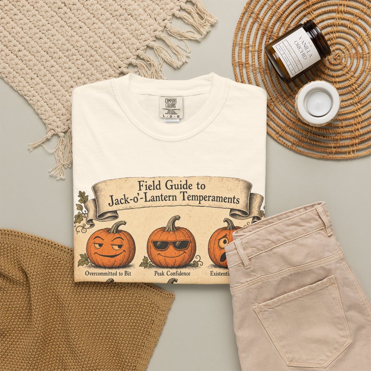 Jack-o-Lantern Field Guide T-shirt in Ivory, flat lay view