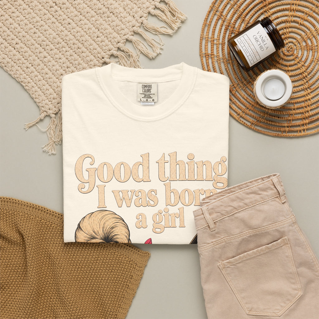 Born a Girl or I'd Be a Drag Queen T-shirt in Ivory, flat lay view