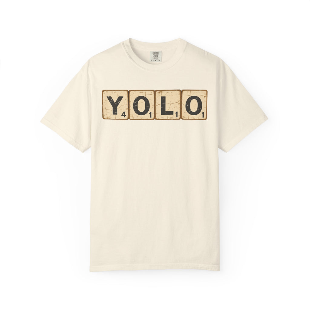 YOLO Scrabble Tiles T-shirt in Ivory, front view
