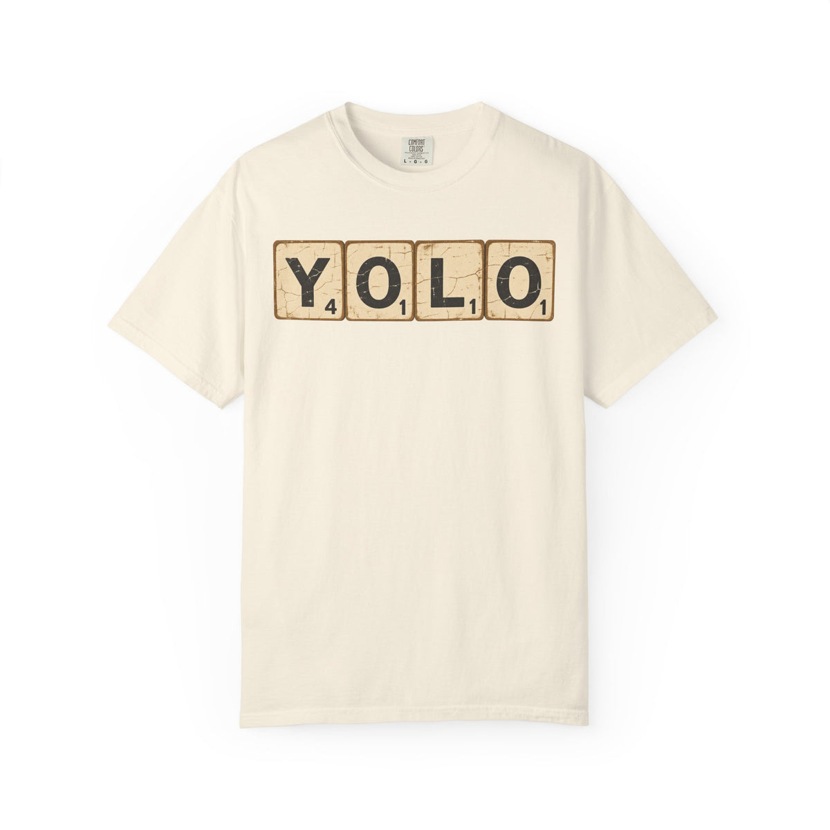 YOLO Scrabble Tiles T-shirt in Ivory, front view