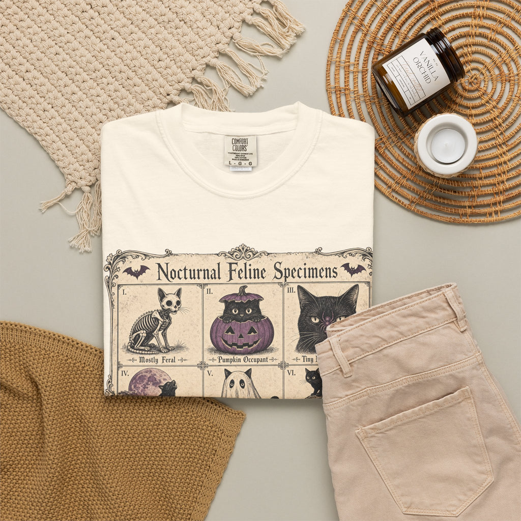 Nocturnal Feline Specimens T-shirt in Ivory, flat lay view