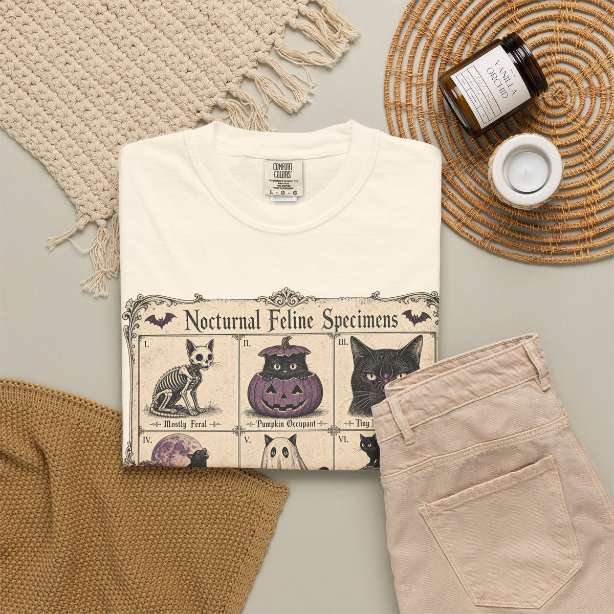 Nocturnal Feline Specimens T-shirt in Ivory, flat lay view