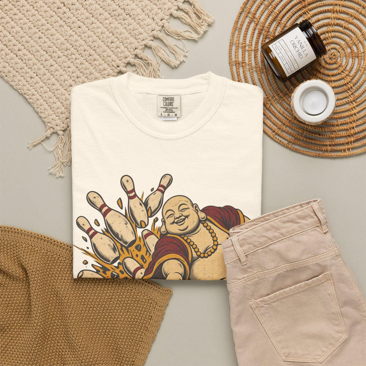 Bowling Buddha T-shirt in Ivory, flat lay view