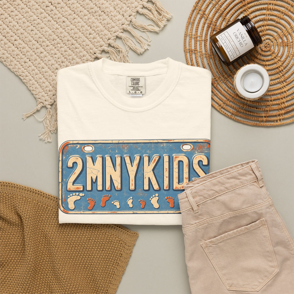 Too Many Kids License Plate T-shirt in Ivory, flat lay view