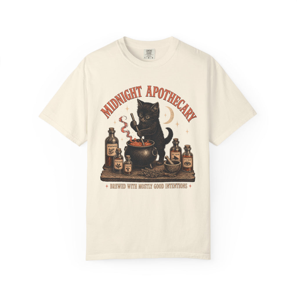 Black Cat Apothecary T-shirt in Ivory, front view