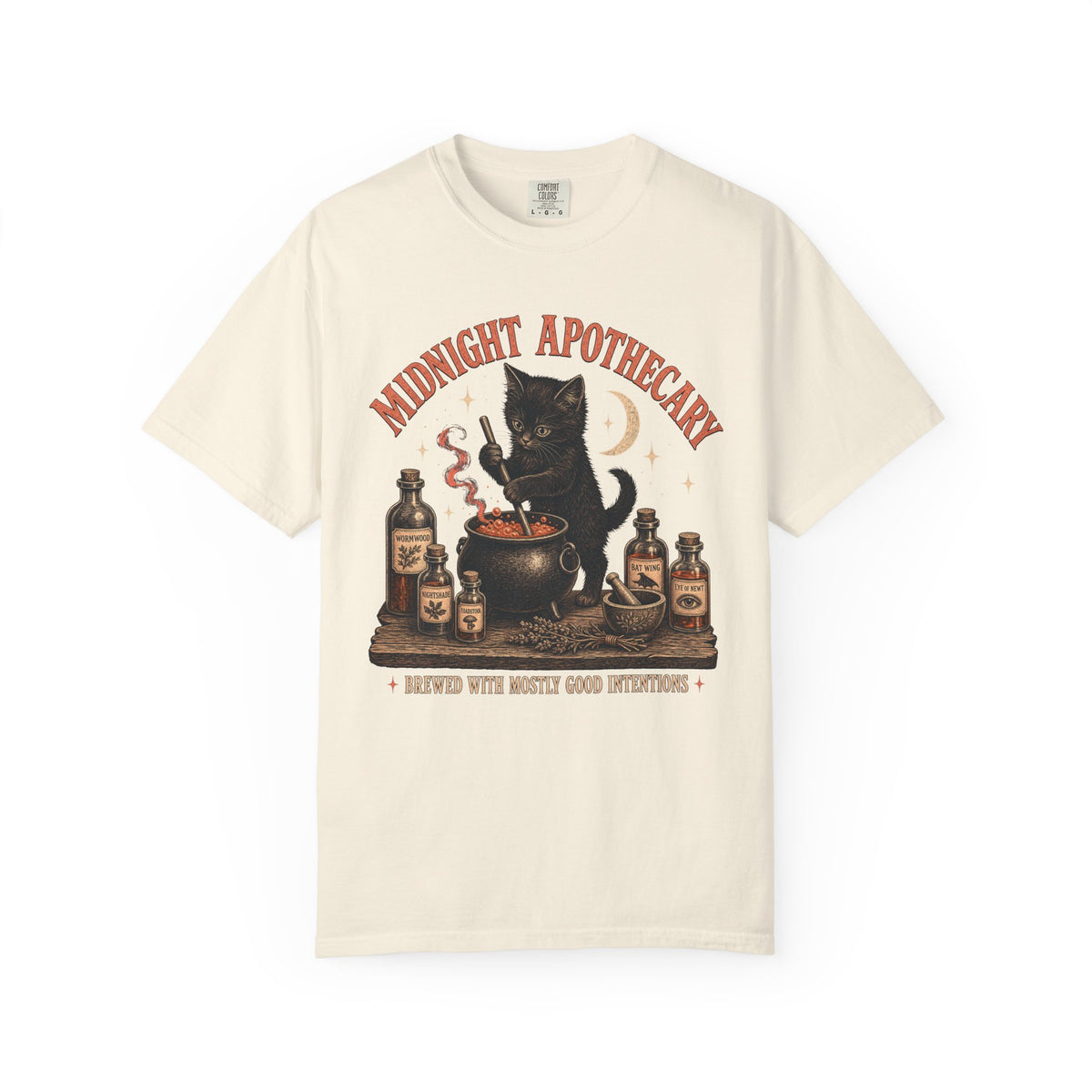 Black Cat Apothecary T-shirt in Ivory, front view