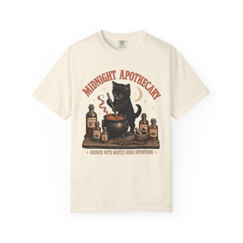 Black Cat Apothecary T-shirt in Ivory, front view