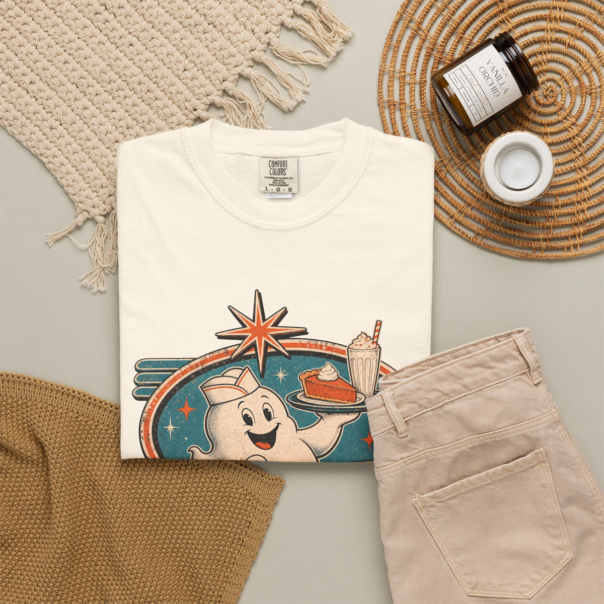 Ghost Diner Sign T-shirt in Ivory, flat lay view