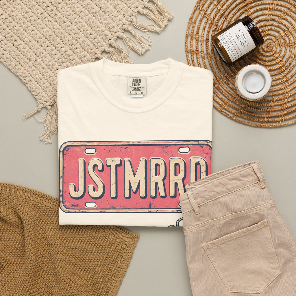 Just Married License Plate T-shirt in Ivory, flat lay view